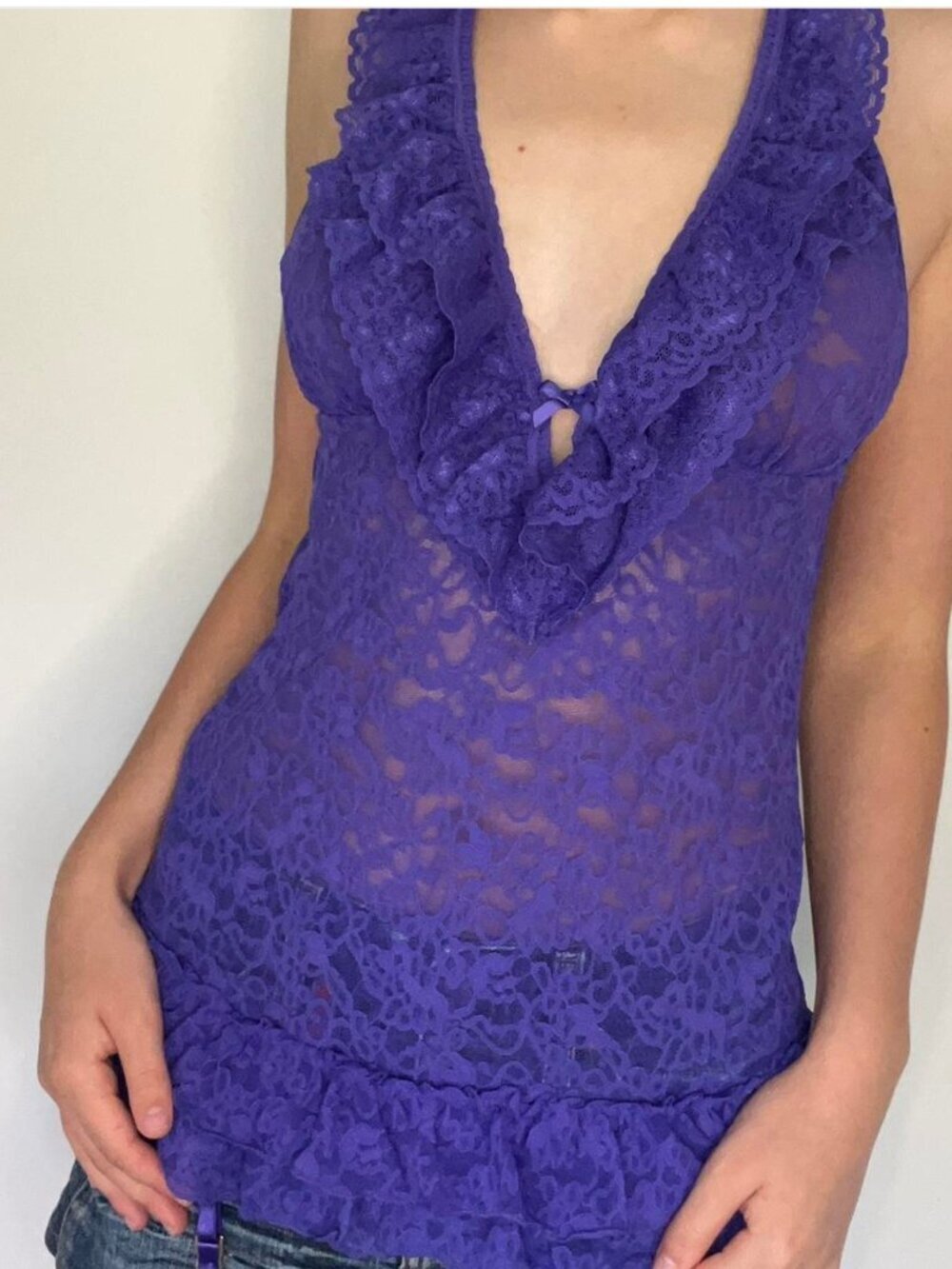 Victorias Secret The Lacie Sheer Lace Halter Babydoll Lingerie Purple Size Small
